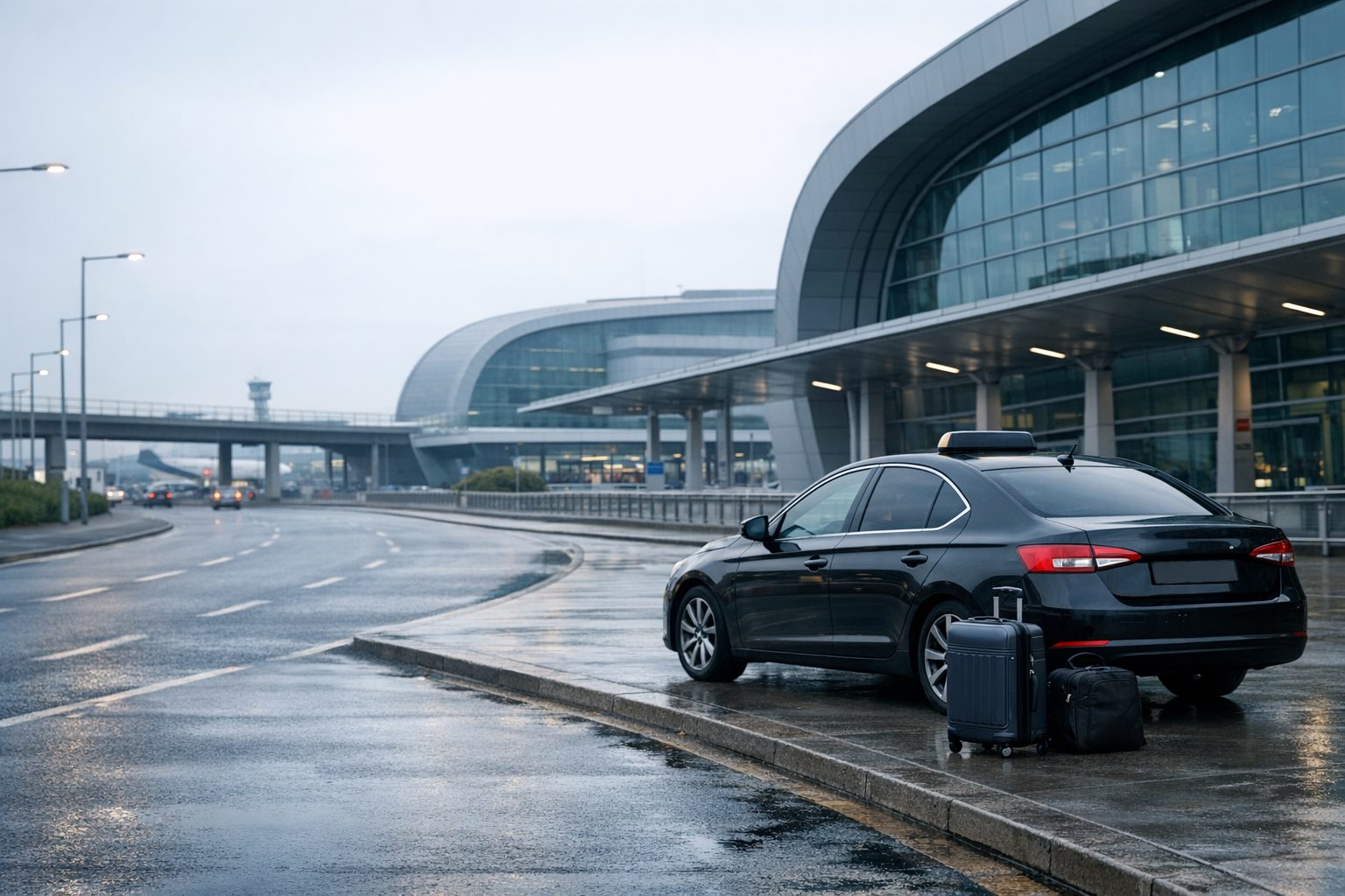 Pre-booked Dublin Airport taxi waiting outside the terminal with luggage