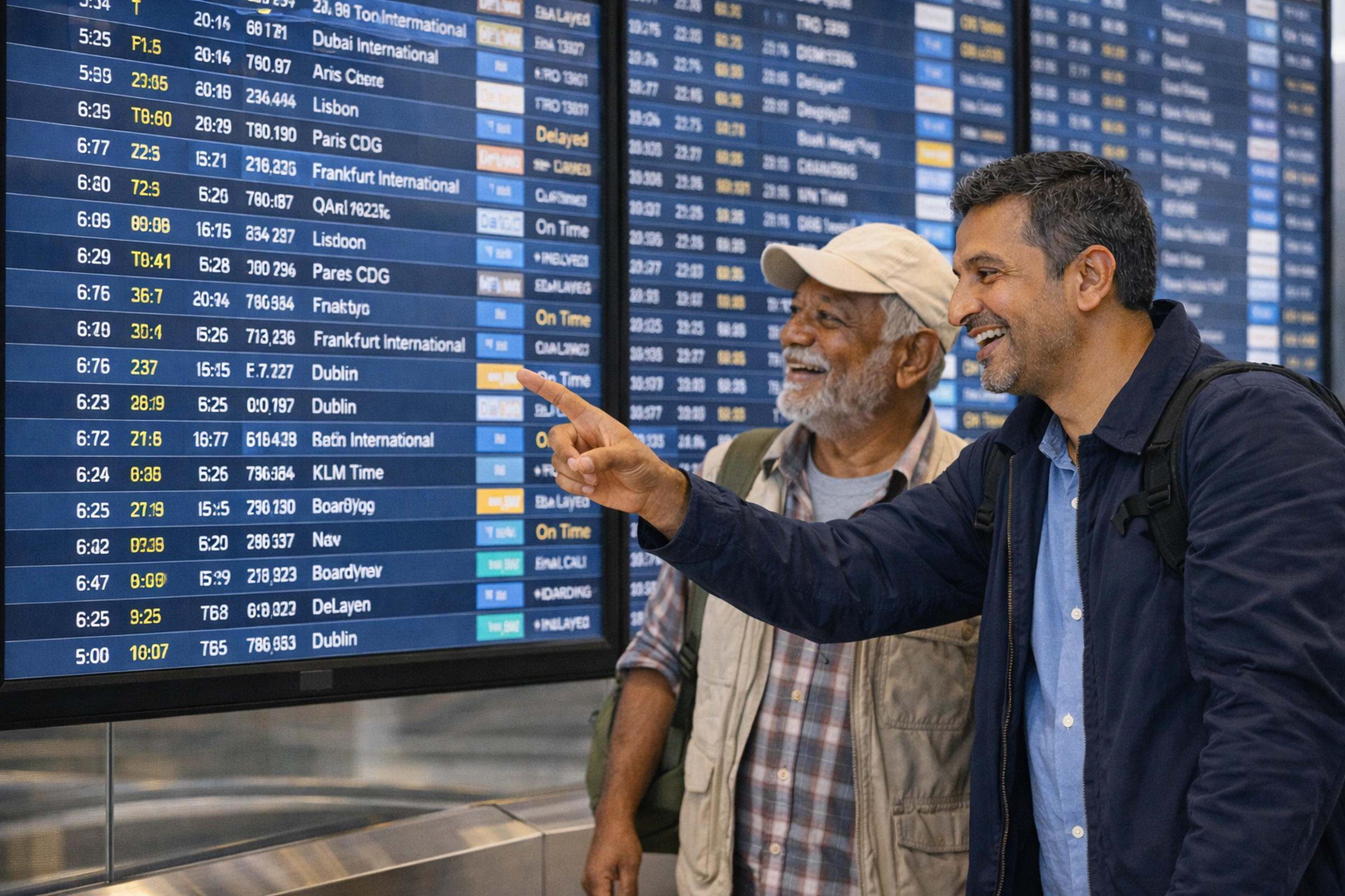 Travelers checking a flight information board